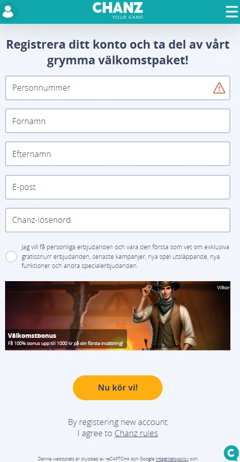 chanz mobile signup page